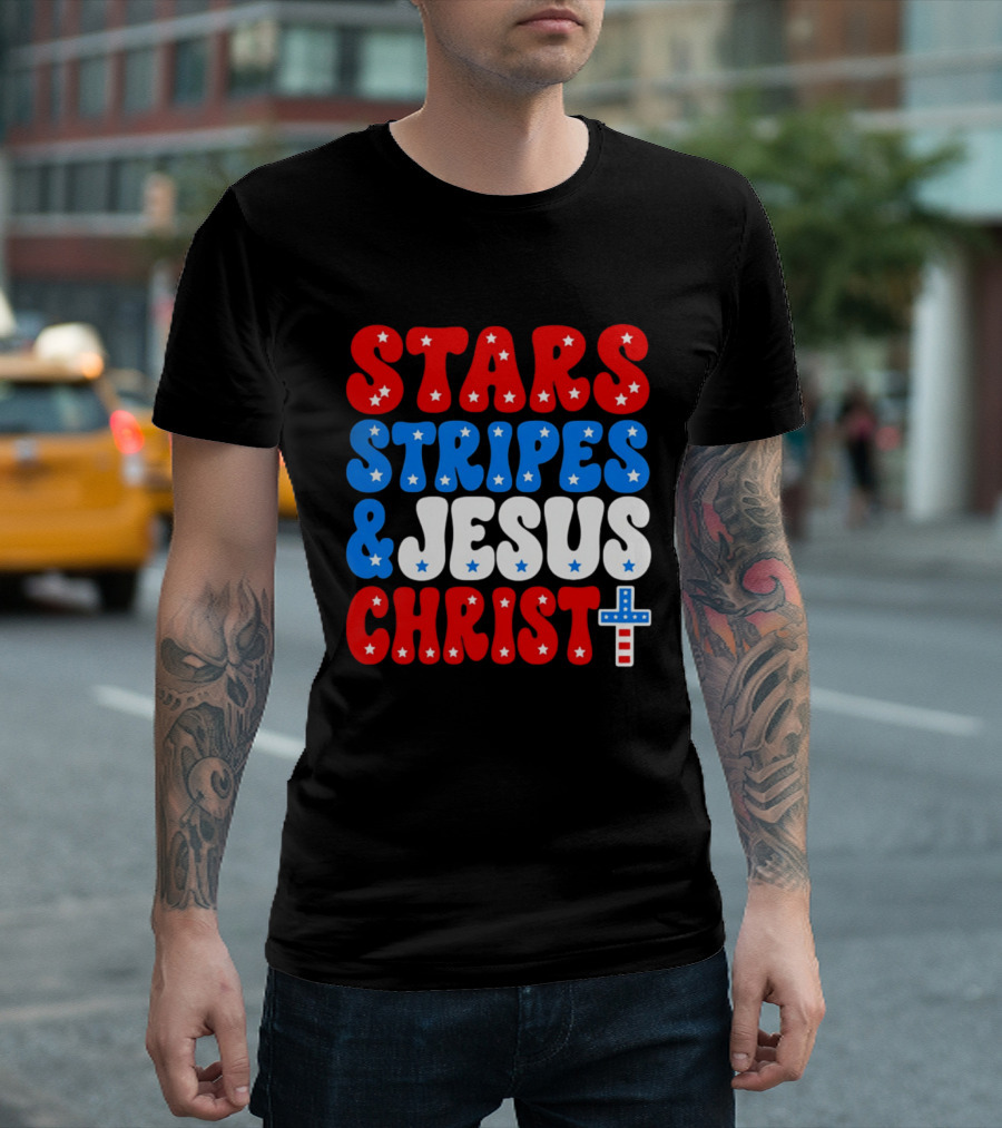 Patriotic Stars Stripes Jesus Christ Christian Faith Cross T-Shirt