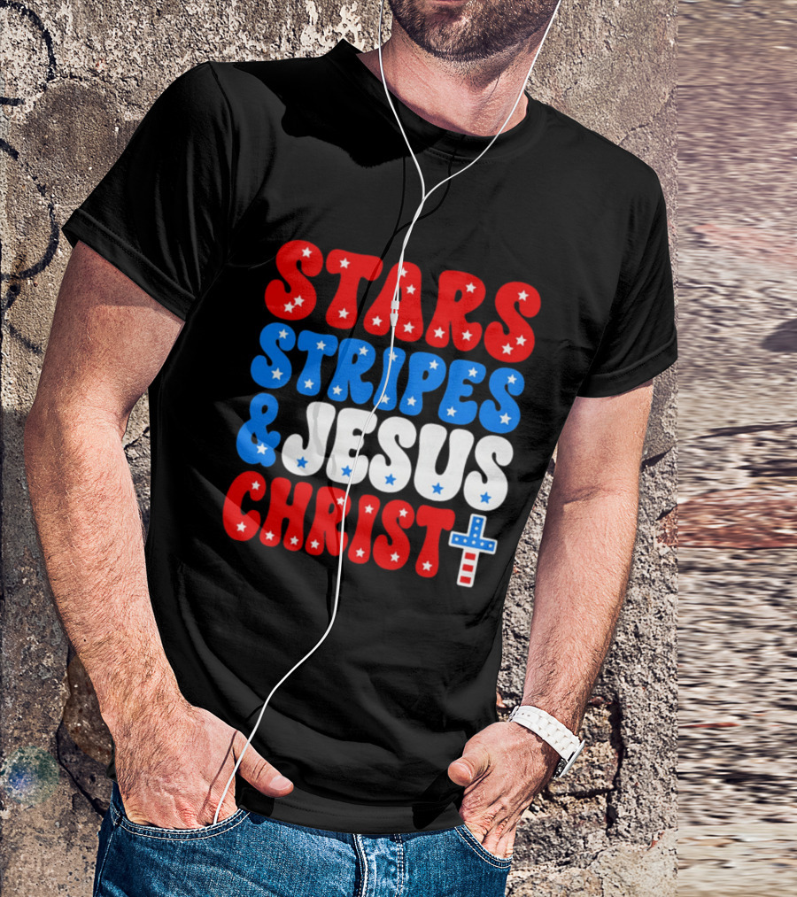 Patriotic Stars Stripes Jesus Christ Christian Faith Cross T-Shirt