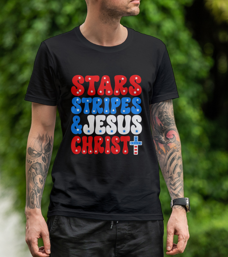 Patriotic Stars Stripes Jesus Christ Christian Faith Cross T-Shirt