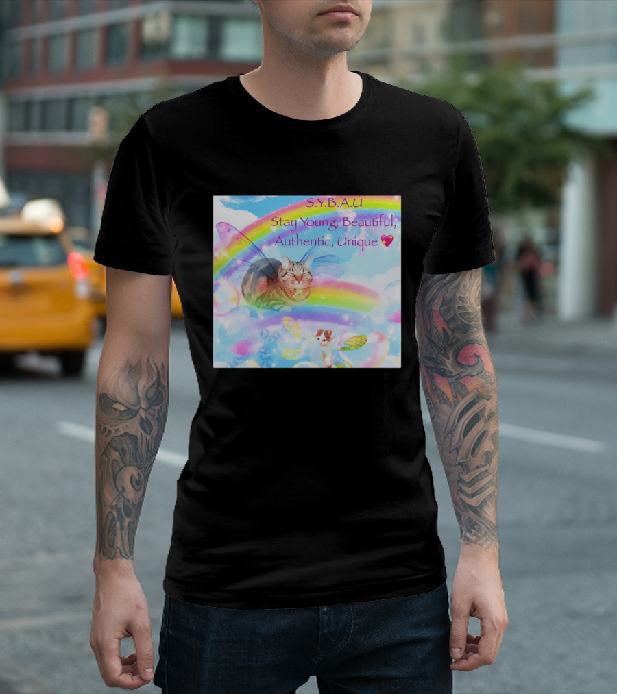 S.Y.B.A.U Stay Young Beautiful Authentic Unique Cat Rainbow Wings T-Shirt
