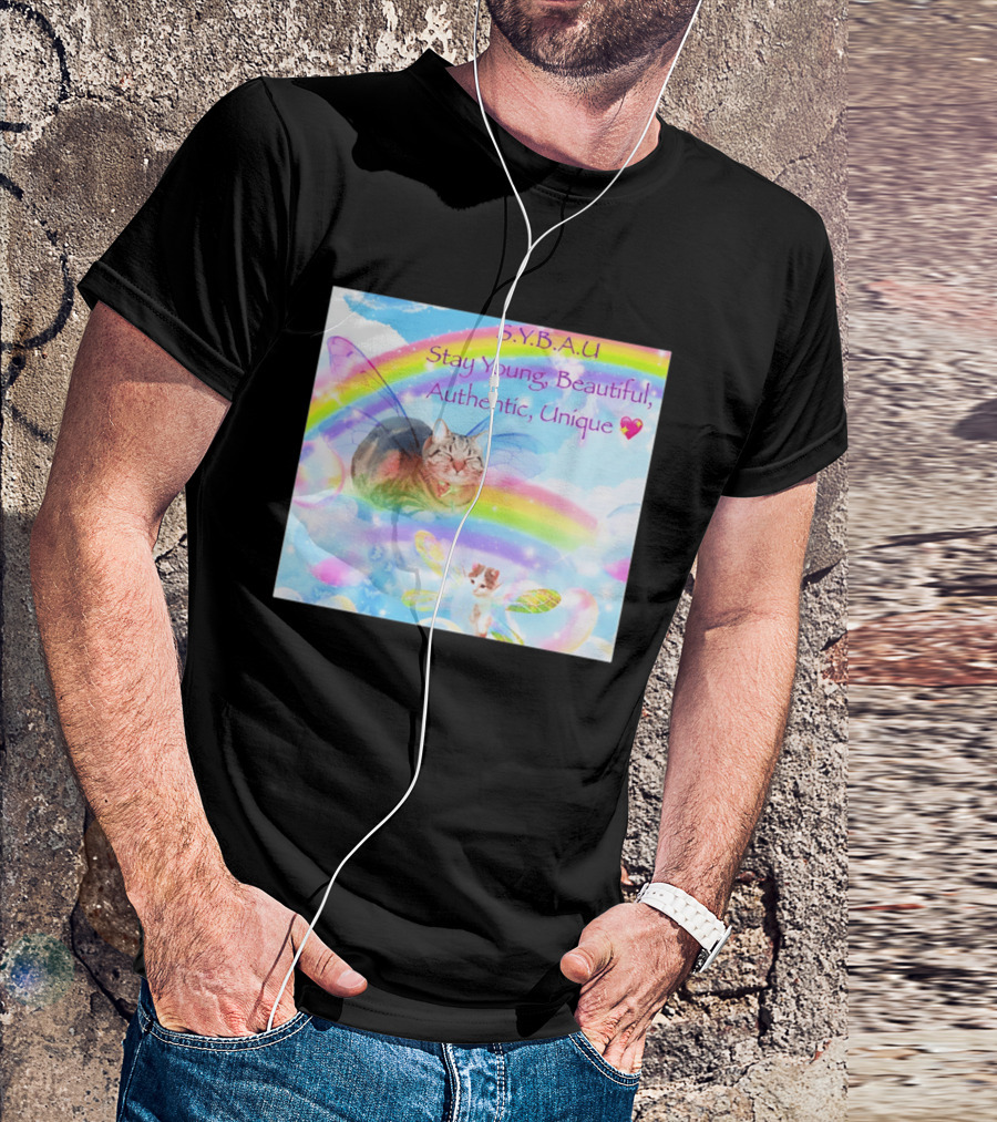 S.Y.B.A.U Stay Young Beautiful Authentic Unique Cat Rainbow Wings T-Shirt