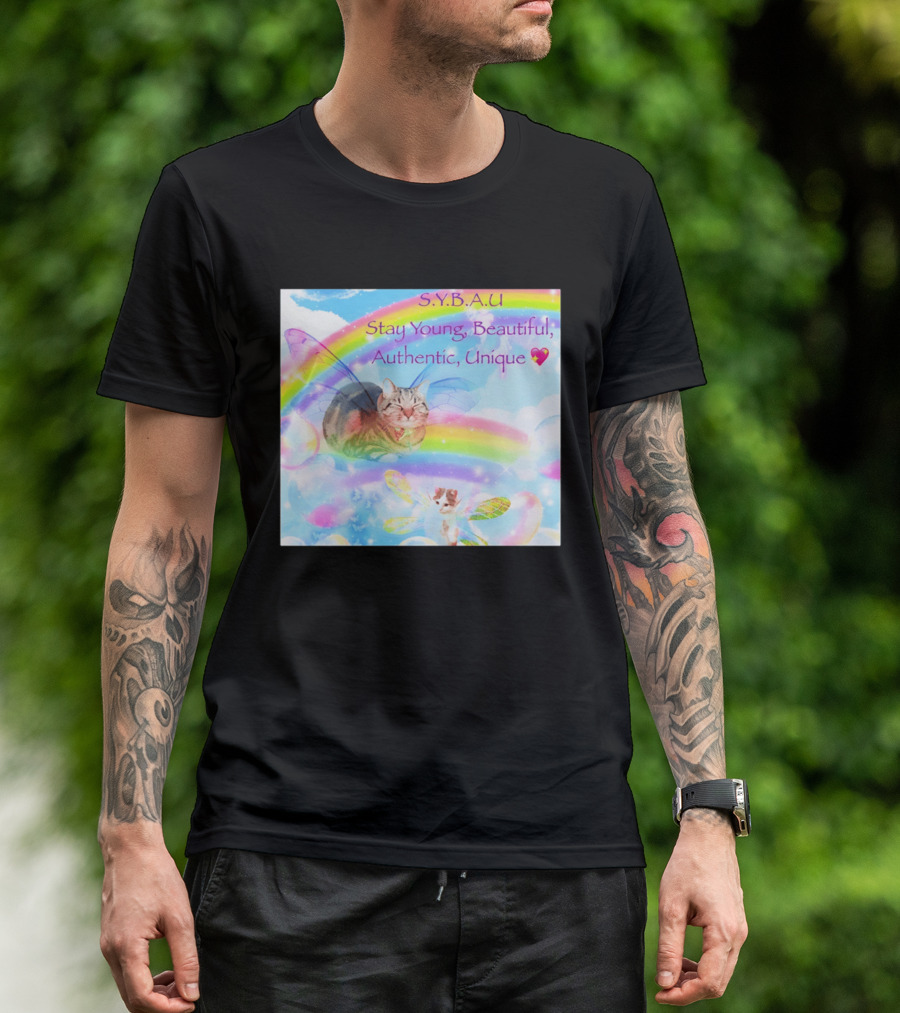 S.Y.B.A.U Stay Young Beautiful Authentic Unique Cat Rainbow Wings T-Shirt