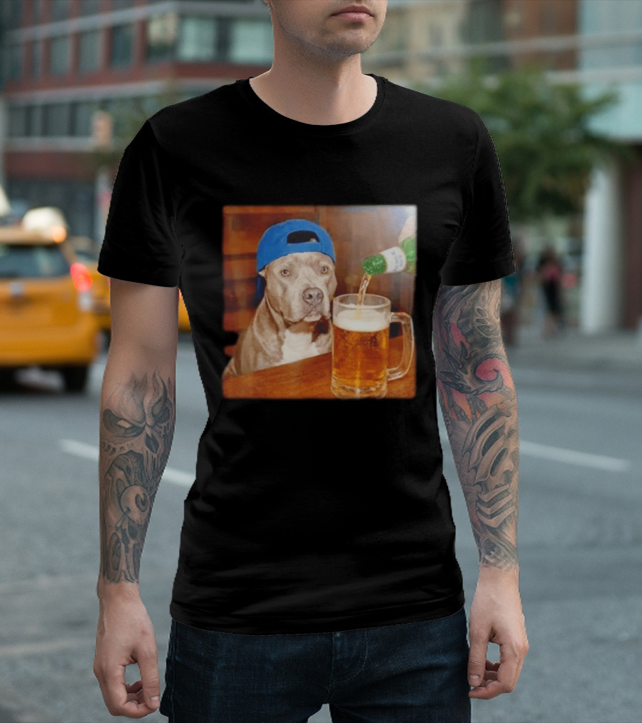 Pit Bull Drinking Beer Blue Cap Meme T-Shirt