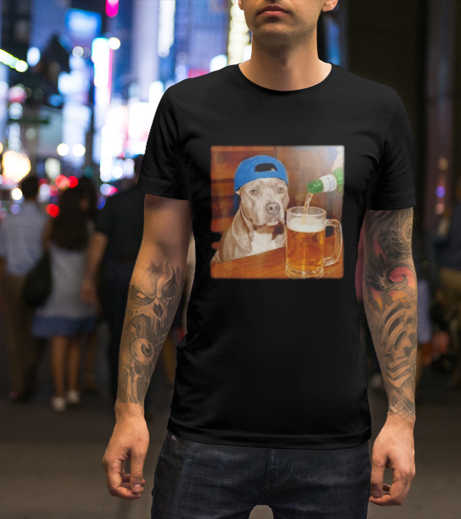 Pit Bull Drinking Beer Blue Cap Meme T-Shirt