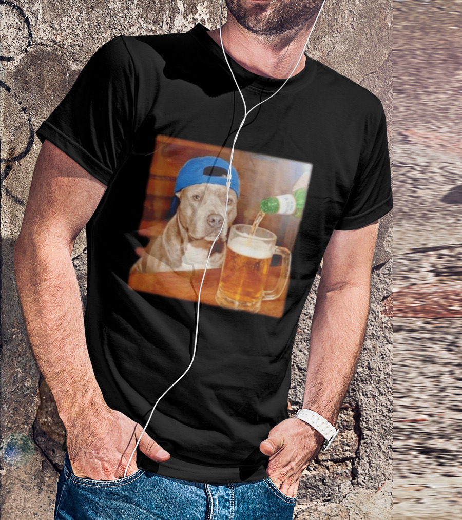 Pit Bull Drinking Beer Blue Cap Meme T-Shirt
