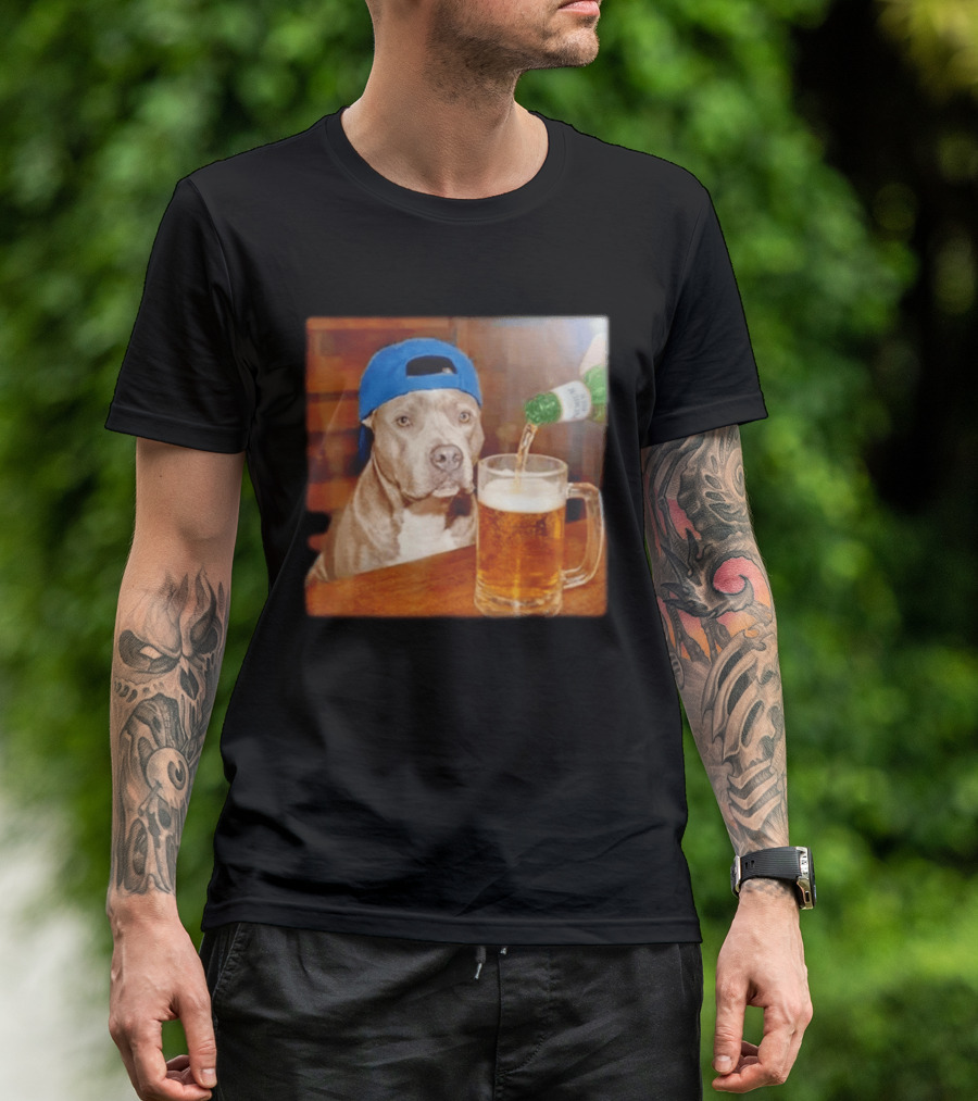 Pit Bull Drinking Beer Blue Cap Meme T-Shirt