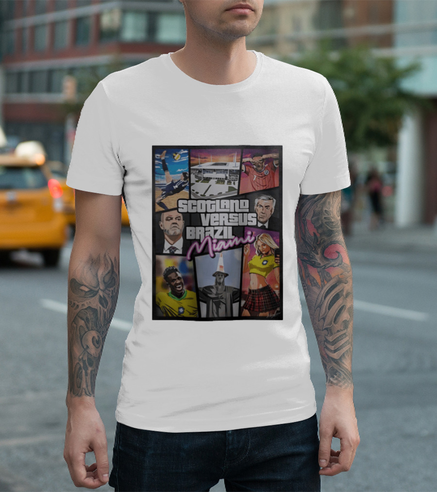 Scotland Versus Brazil Miami Comic Style Soccer Matchup T-Shirt