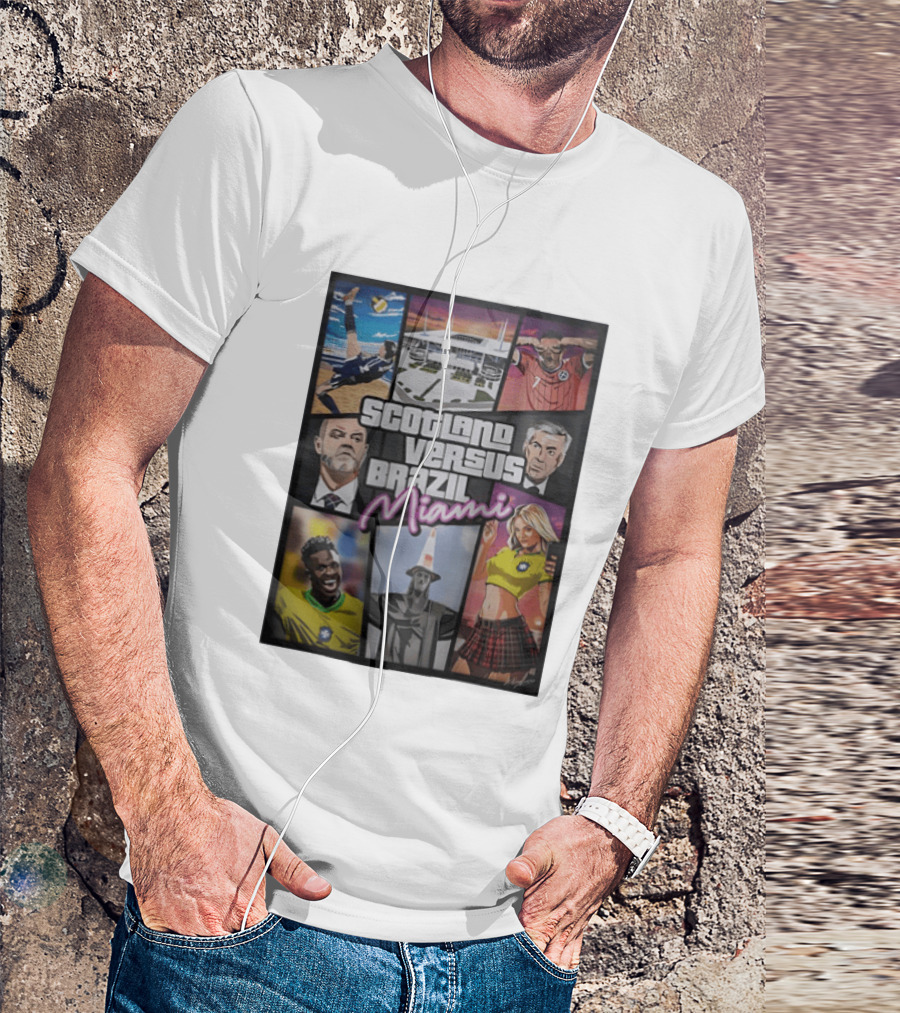 Scotland Versus Brazil Miami Comic Style Soccer Matchup T-Shirt
