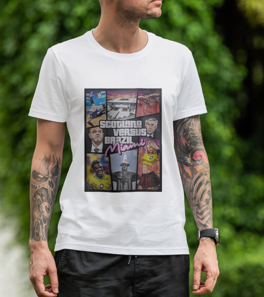 Scotland Versus Brazil Miami Comic Style Soccer Matchup T-Shirt
