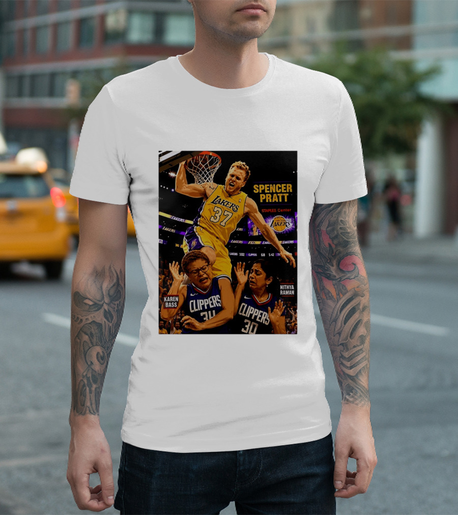 Los Angeles Lakers Spencer Pratt Dunks Staples Center Clippers Karen Bass Nithya Raman T-Shirt
