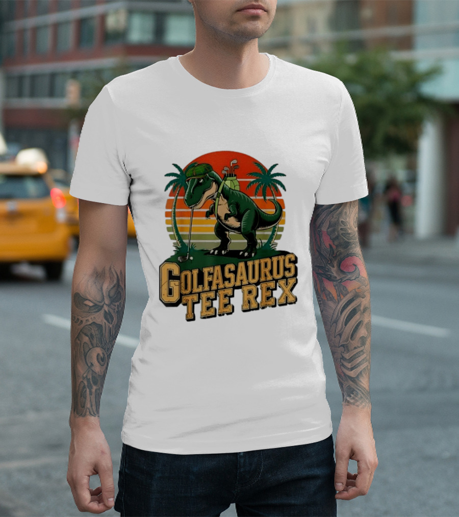 Golfasaurus Rex Rex Dinosaur Playing Golf Sunset Palm Trees T-Shirt
