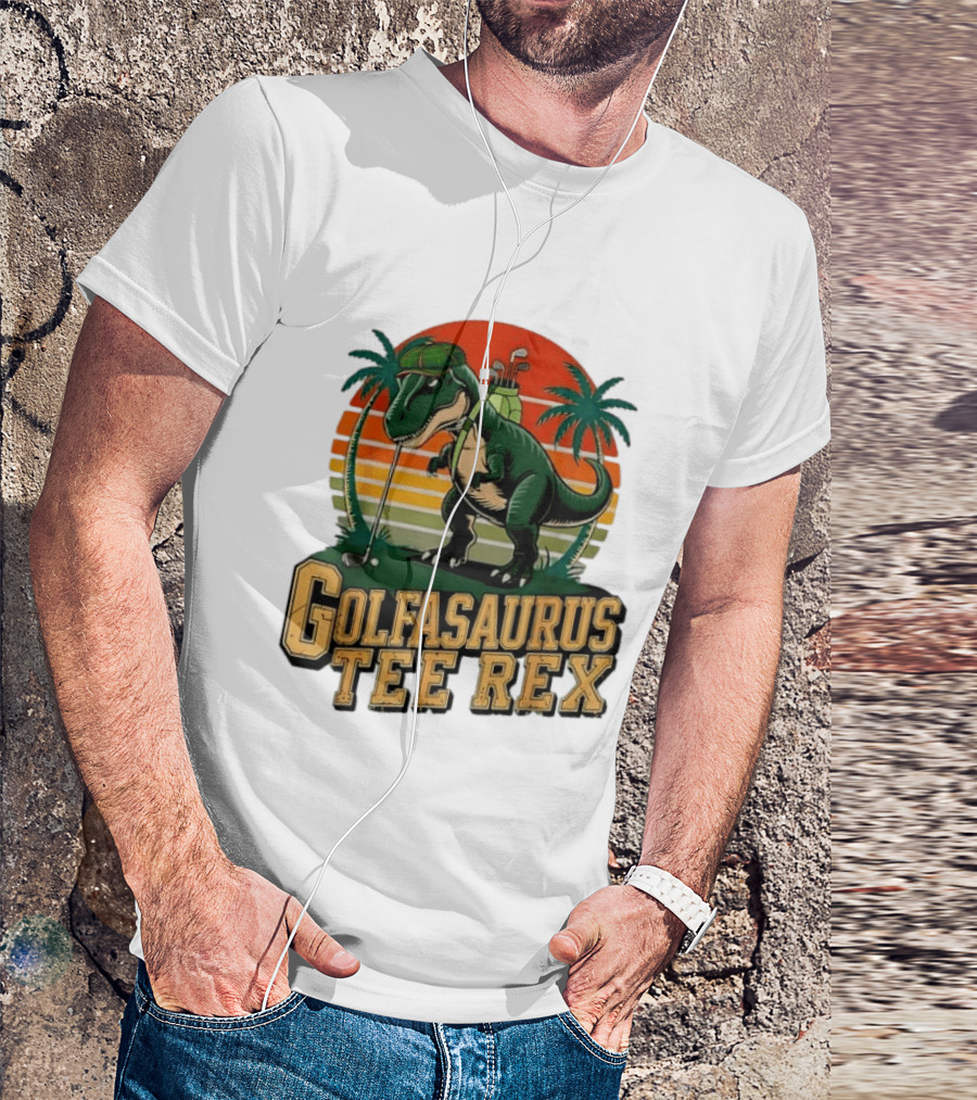 Golfasaurus Rex Rex Dinosaur Playing Golf Sunset Palm Trees T-Shirt