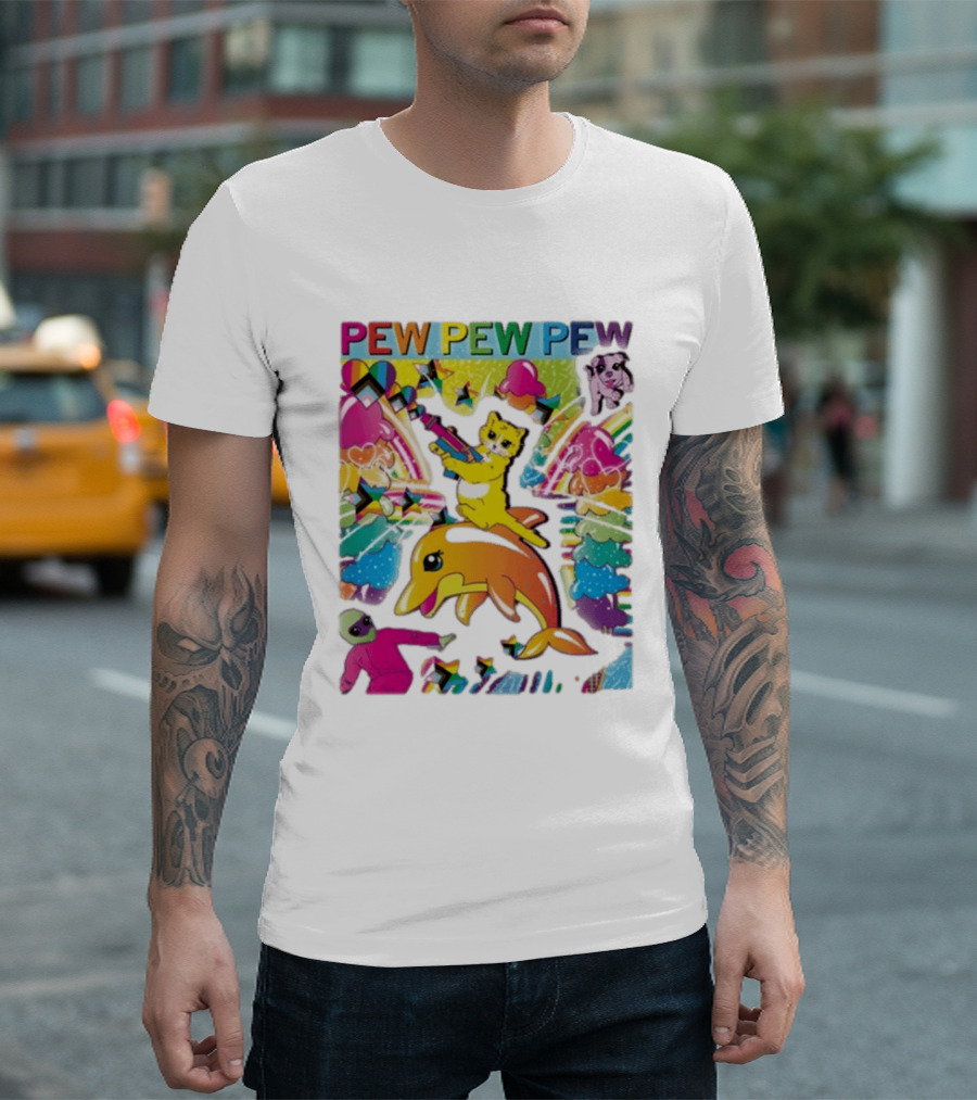 Pew Pew Pew Colorful Cat Dolphin Alien Rainbow T-Shirt