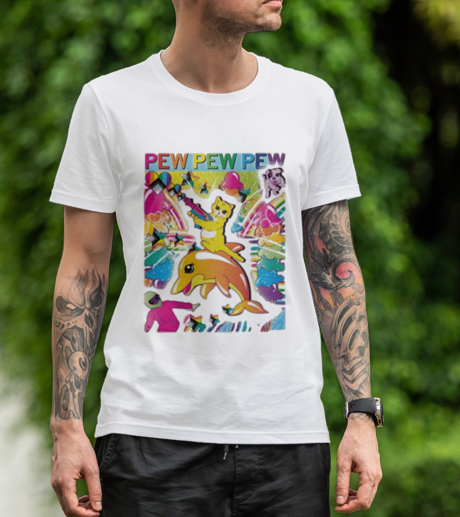 Pew Pew Pew Colorful Cat Dolphin Alien Rainbow T-Shirt
