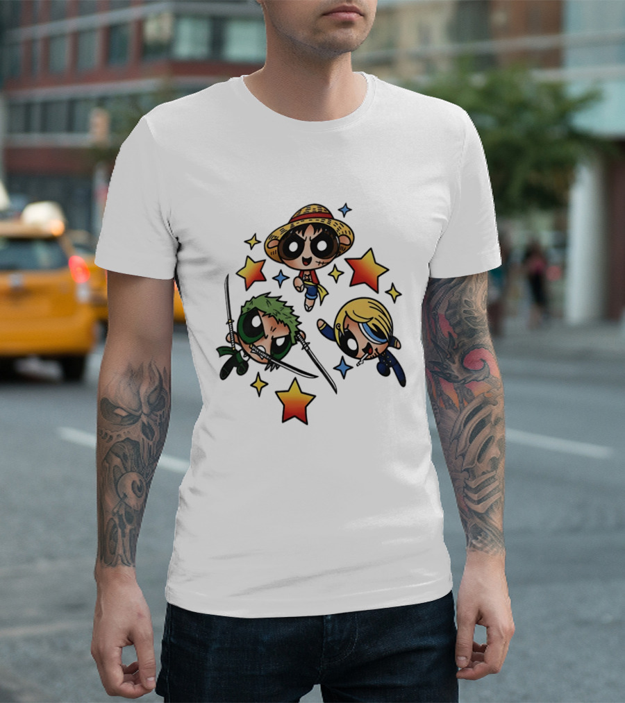Luffy Zoro Sanji Fusion One Piece Powerpuff Girls Crossover Cute Anime Stars T-Shirt