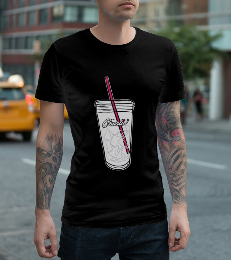 Charli Iced Coffee Cup Pink Straw Sketch T-Shirt