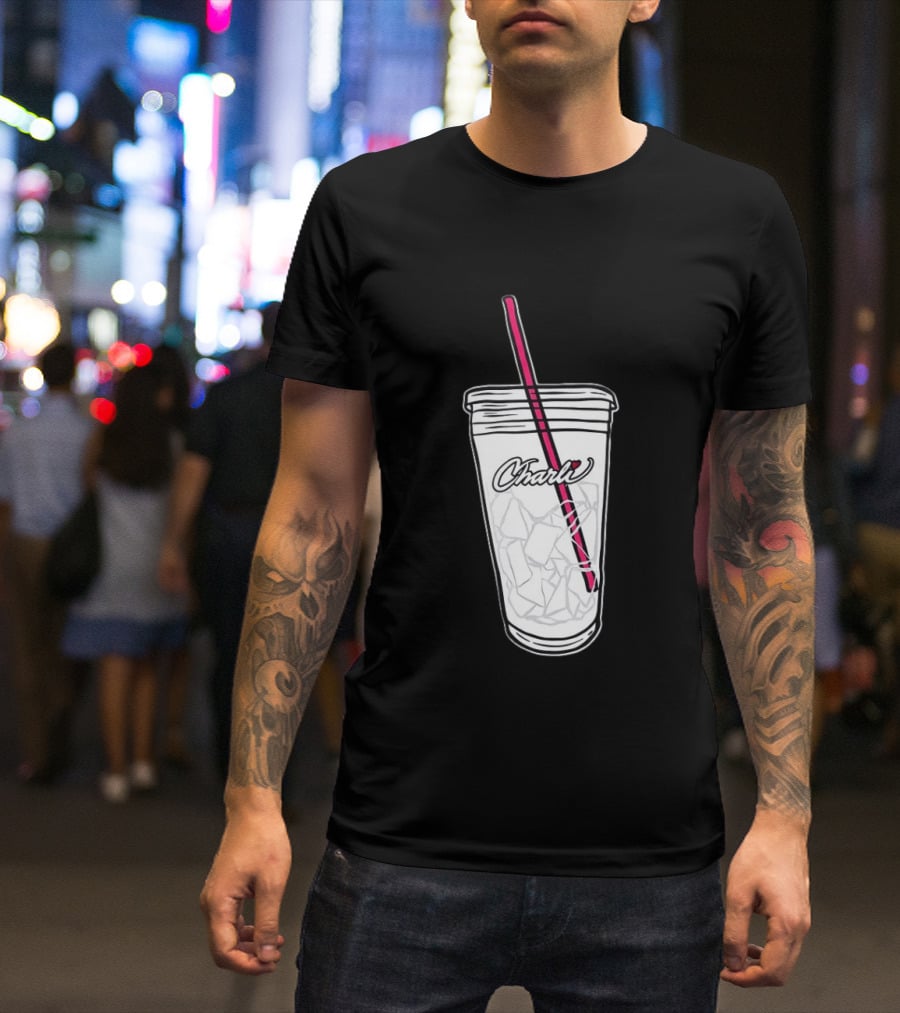 Charli Iced Coffee Cup Pink Straw Sketch T-Shirt