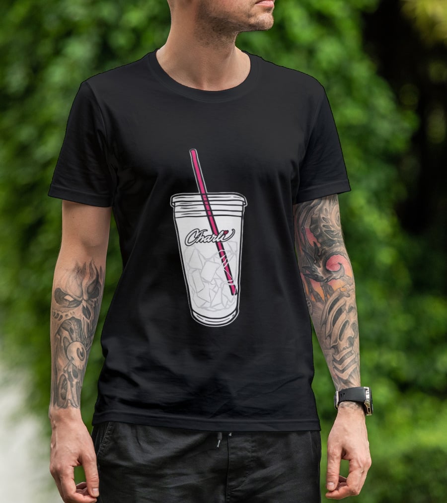 Charli Iced Coffee Cup Pink Straw Sketch T-Shirt