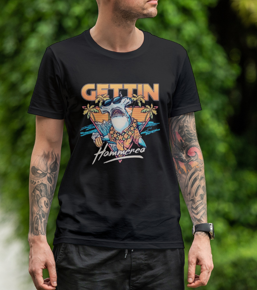 Gettin Hammered Shark Tropical Sunset Vibes T-Shirt