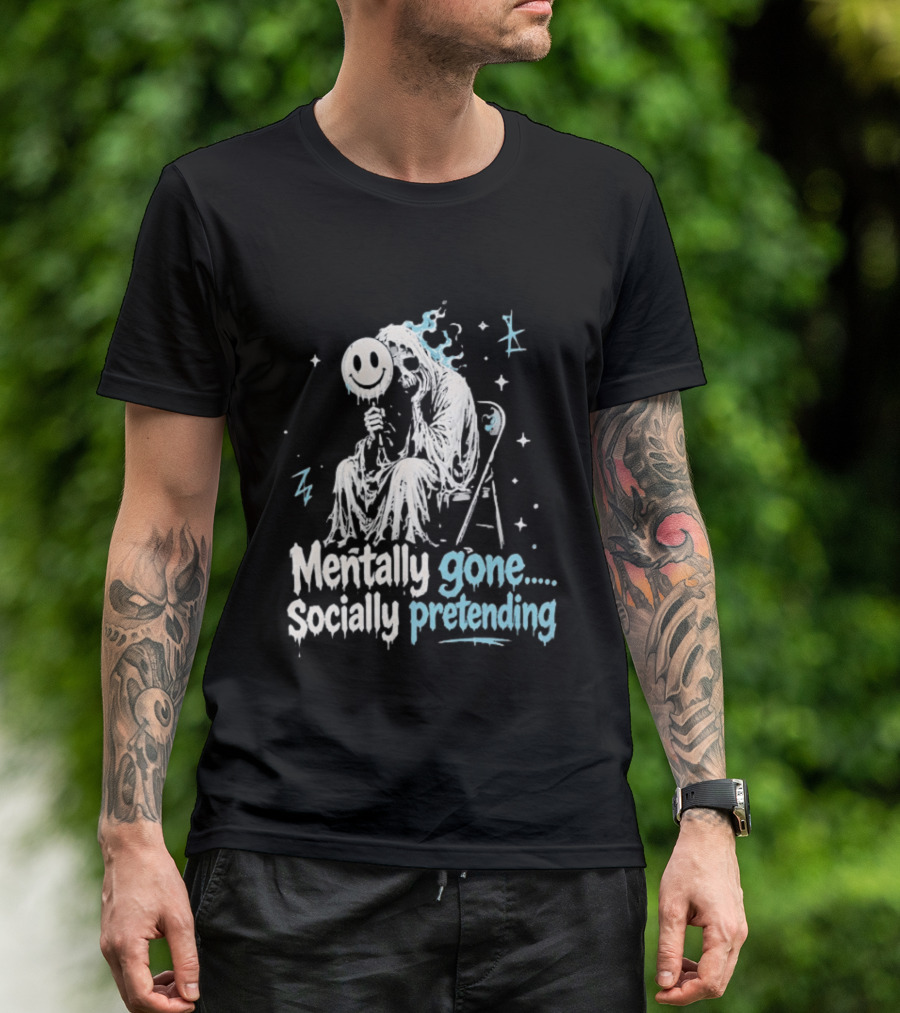Mentally Gone Socially Pretending Goth Skull On Chair T-Shirt