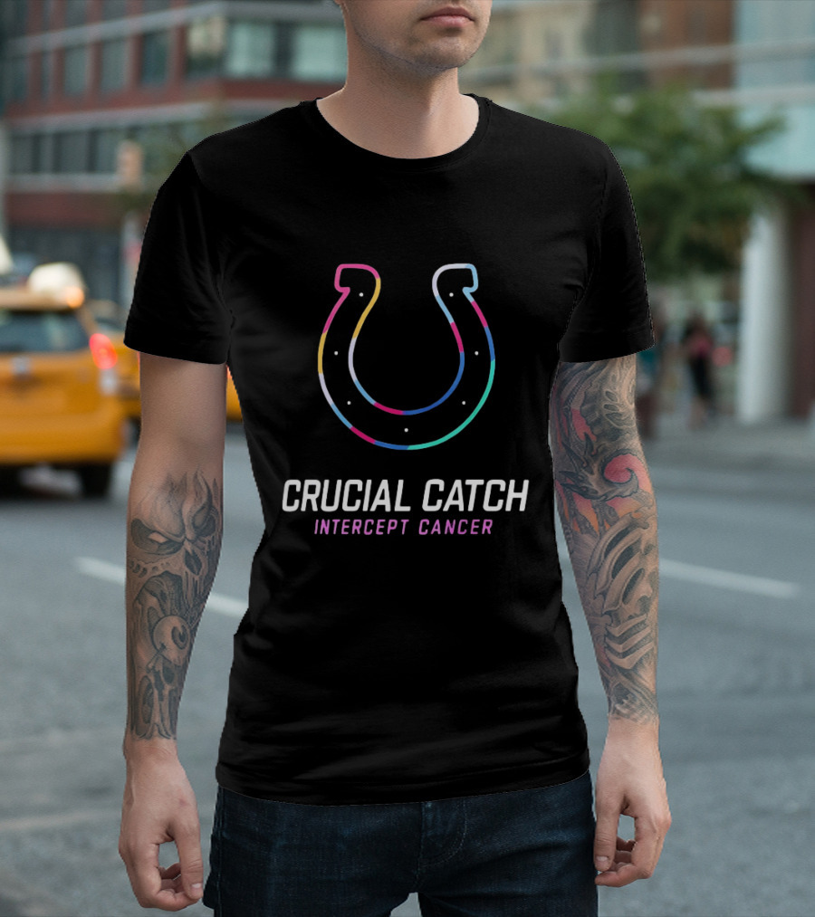 Indianapolis Colts Crucial Catch Intercept Cancer Neon Horseshoe T-Shirt