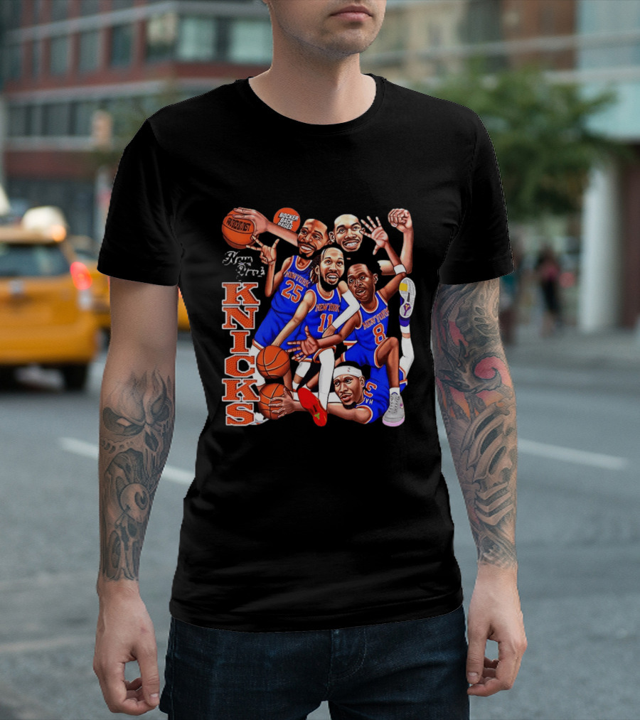 New York Knicks Starting Five 2026 Caricature Dunk Basketball Hoops T-Shirt