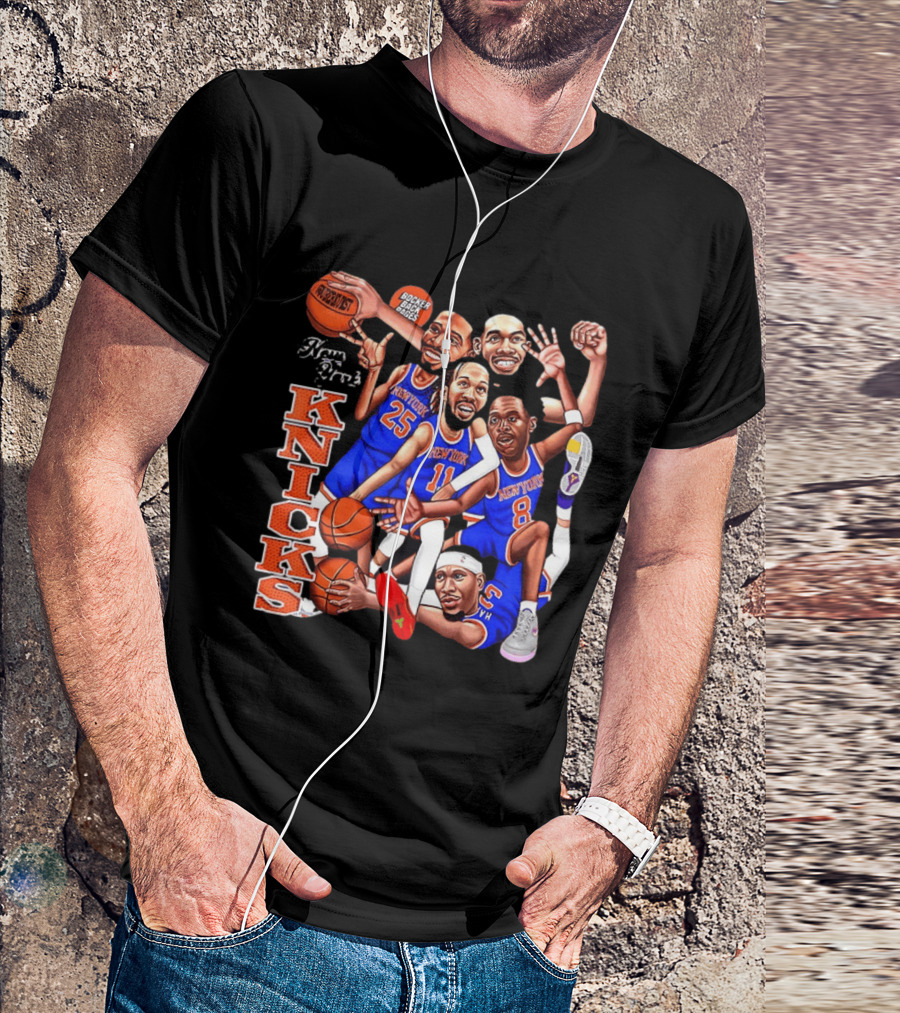 New York Knicks Starting Five 2026 Caricature Dunk Basketball Hoops T-Shirt