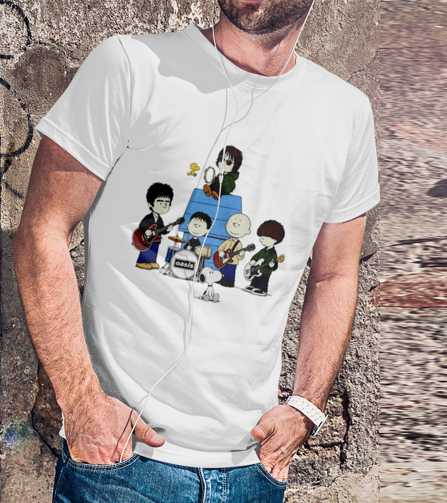 Snoopy Peanuts Oasis Band Cartoon Woodstock Drums Guitars T-Shirt