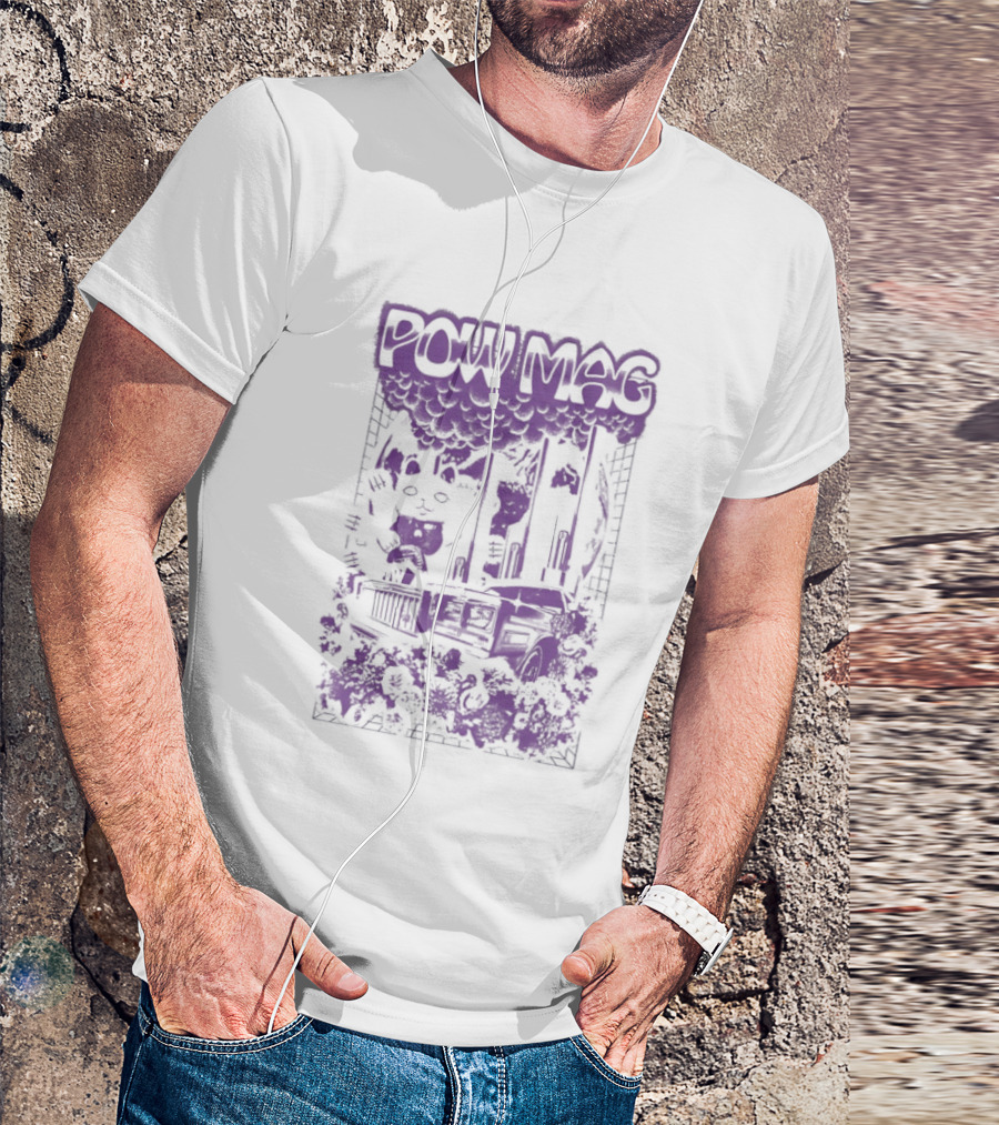 Powell Mag Cat Skateboarding Graphic With Floral Accents T-Shirt