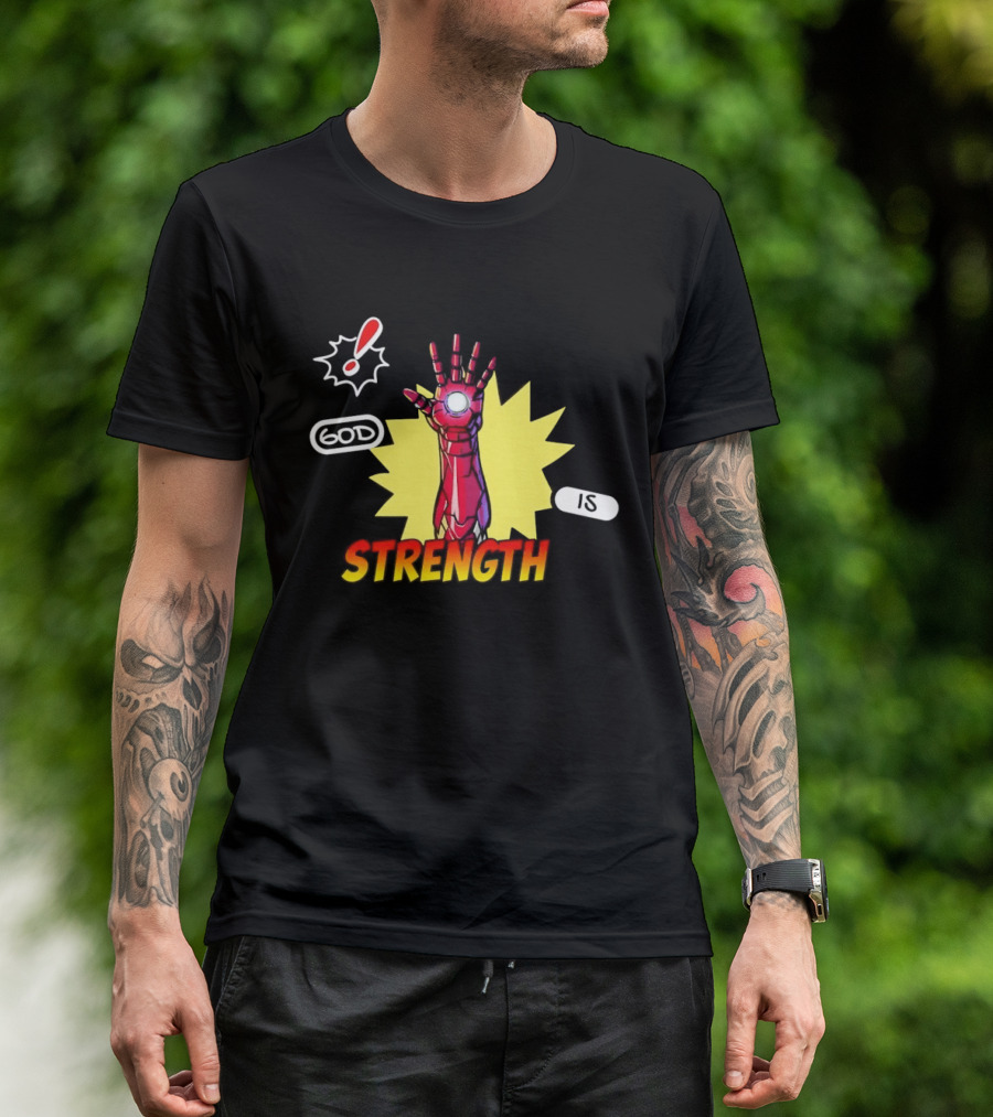 Iron Man God Is Strength Exclamation Comic Style Burst T-Shirt