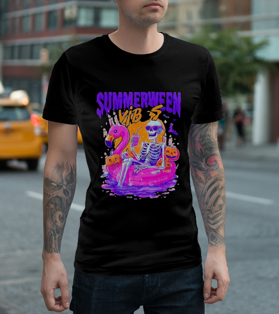 Summerween Vibes Skeleton On Flamingo With Pumpkins T-Shirt