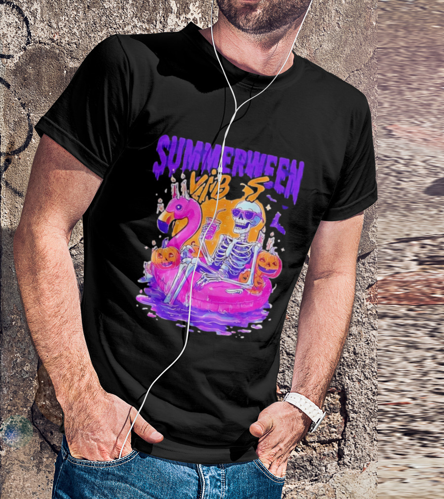 Summerween Vibes Skeleton On Flamingo With Pumpkins T-Shirt