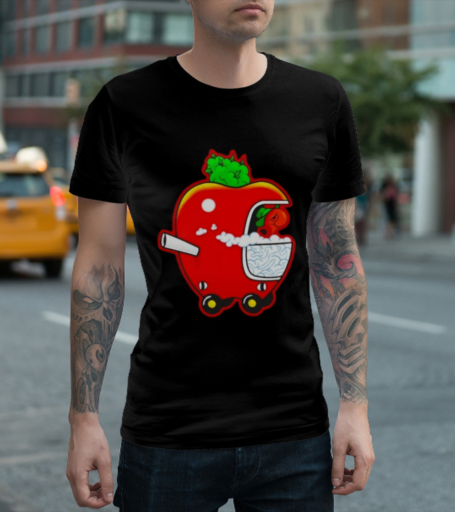 Smokey Worm Apple Cartoon Red Apple With Smoke And Wheels T-Shirt