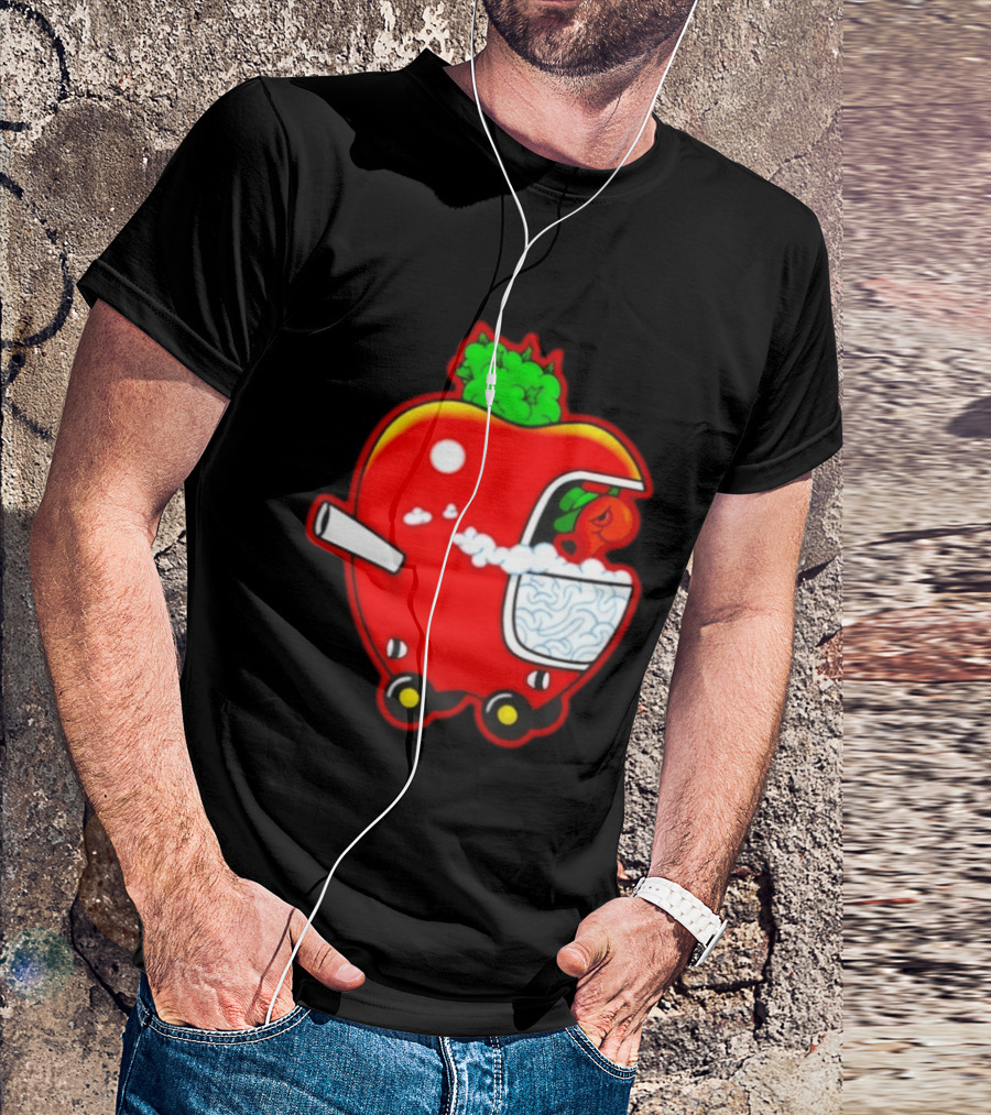 Smokey Worm Apple Cartoon Red Apple With Smoke And Wheels T-Shirt