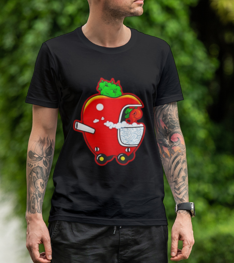 Smokey Worm Apple Cartoon Red Apple With Smoke And Wheels T-Shirt