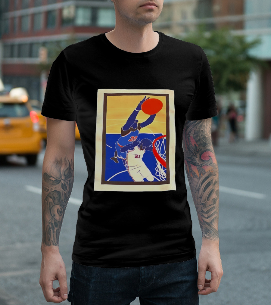 Mitchell Robinson 23 Dunking Joel Embiid 21 New York Knicks Basketball NBA 2026 T-Shirt