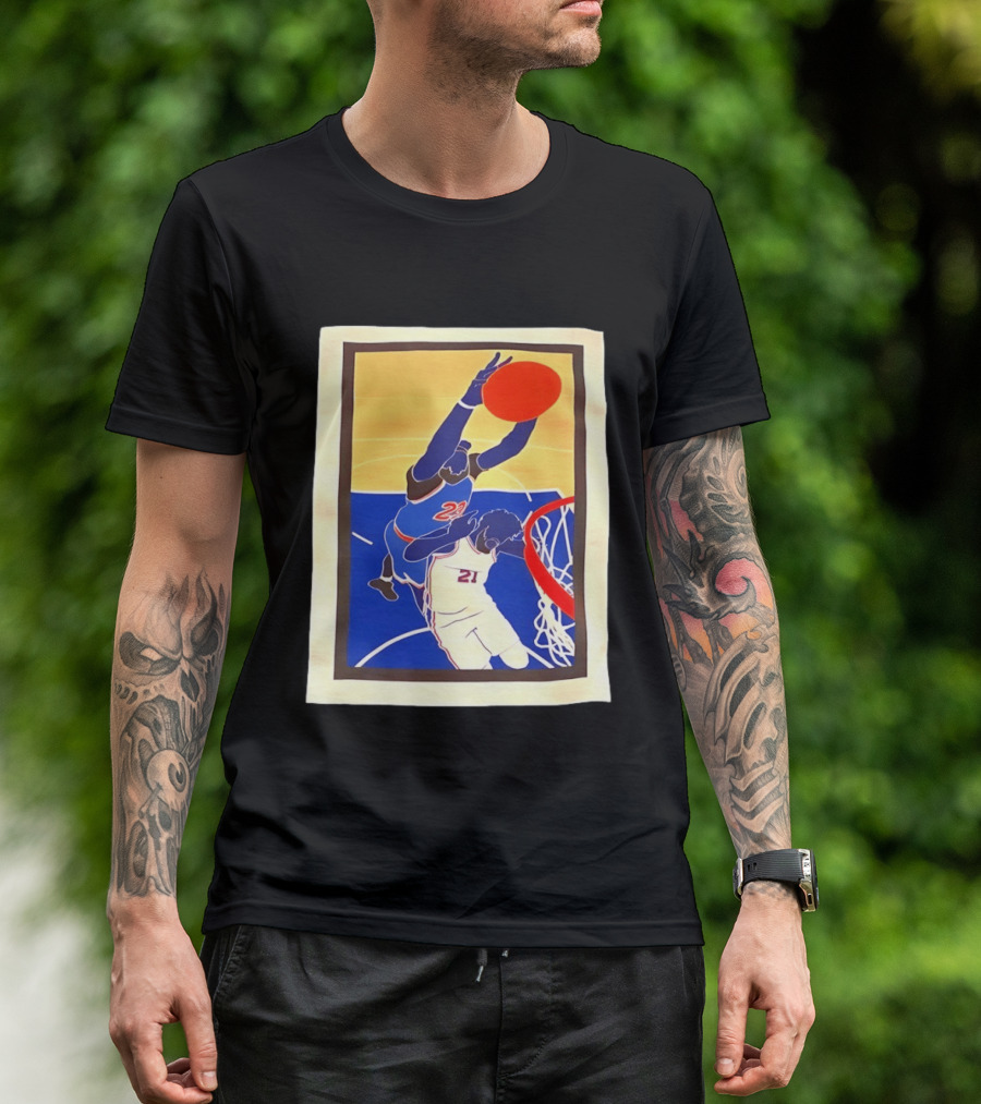 Mitchell Robinson 23 Dunking Joel Embiid 21 New York Knicks Basketball NBA 2026 T-Shirt