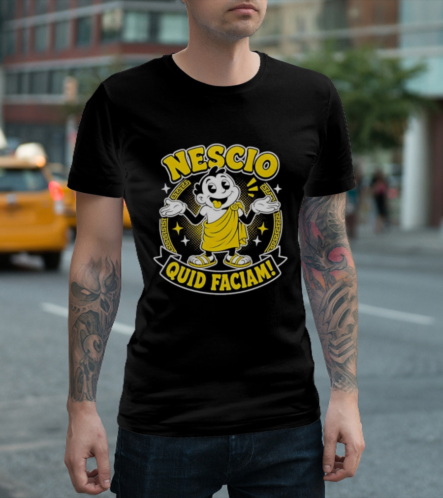 Nescio Quid Faciam Cartoon Ancient Roman Character Greek Key Border T-Shirt