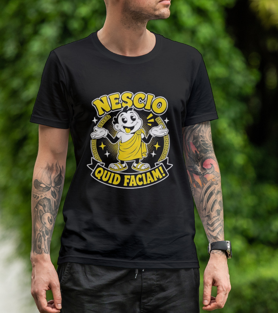 Nescio Quid Faciam Cartoon Ancient Roman Character Greek Key Border T-Shirt