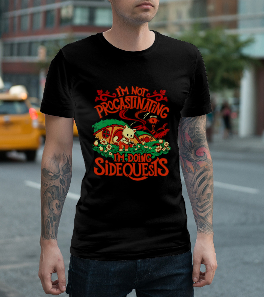 I'm Not Procrastinating I'm Doing Side Quests Cute Cat Adventure Scene T-Shirt