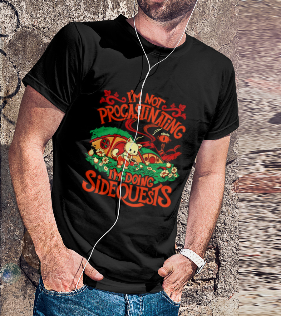I'm Not Procrastinating I'm Doing Side Quests Cute Cat Adventure Scene T-Shirt
