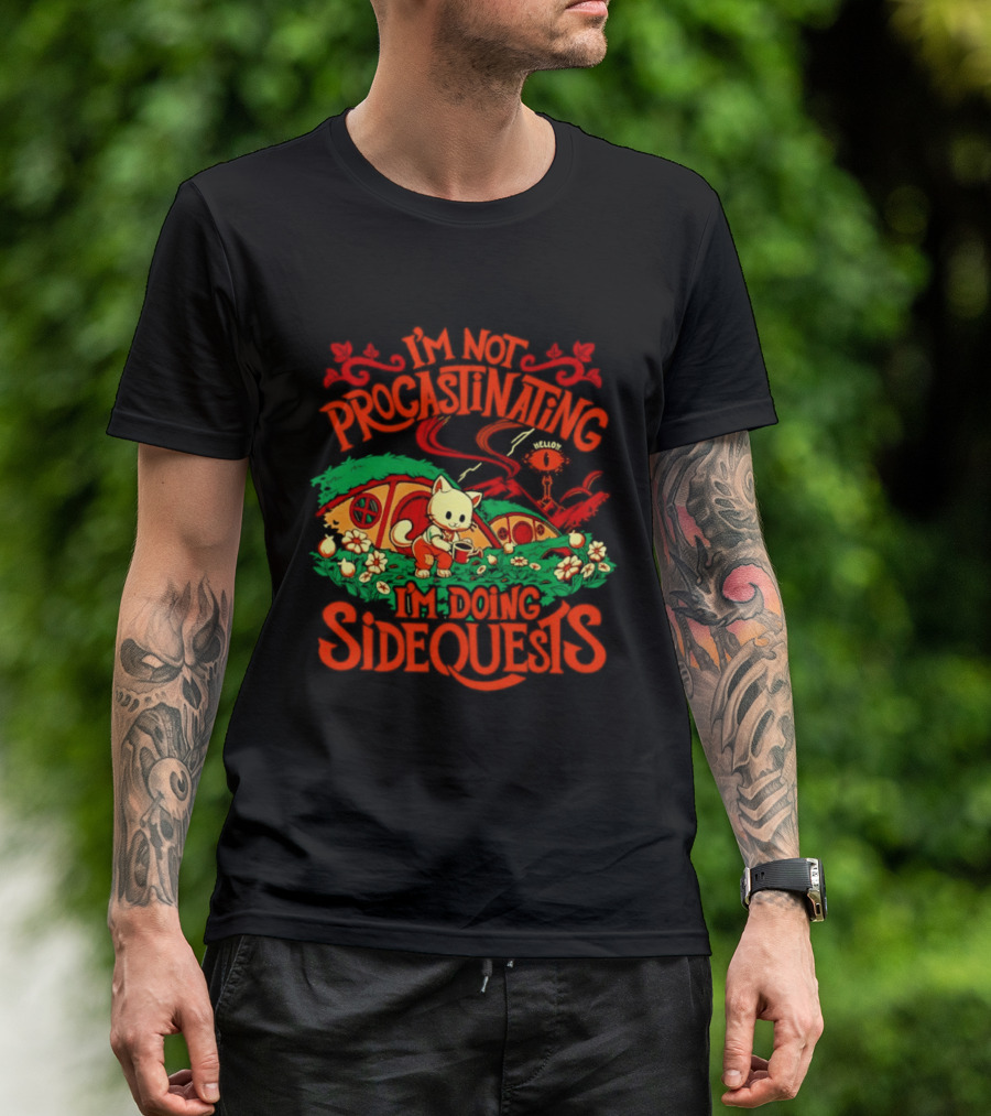 I'm Not Procrastinating I'm Doing Side Quests Cute Cat Adventure Scene T-Shirt