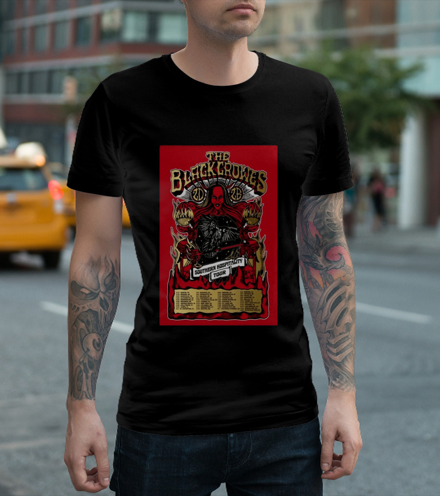 The Black Crowes Southern Hospitality Tour 2026 Red Background Gothic Crow Imagery Vintage Band Tour Dates T-Shirt
