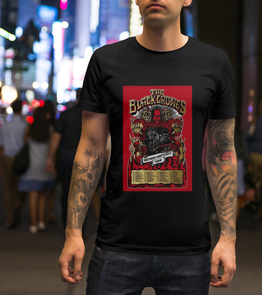 The Black Crowes Southern Hospitality Tour 2026 Red Background Gothic Crow Imagery Vintage Band Tour Dates T-Shirt