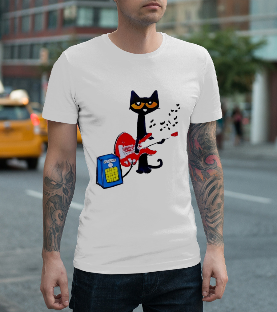 Pete The Cat Playing Red Guitar With Volume Amplifier Music Notes T-Shirt