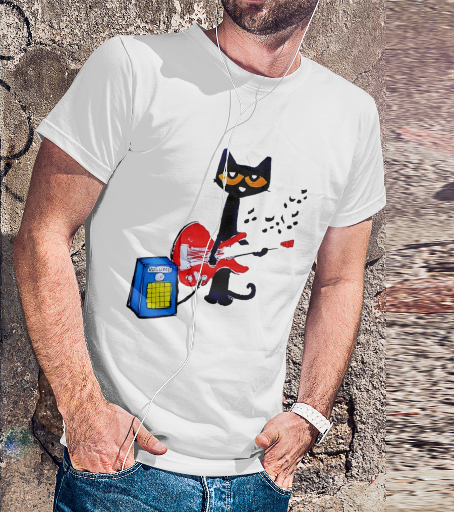 Pete The Cat Playing Red Guitar With Volume Amplifier Music Notes T-Shirt