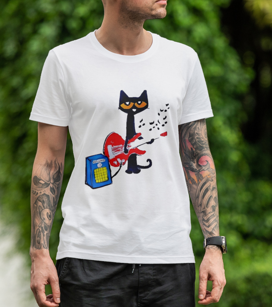 Pete The Cat Playing Red Guitar With Volume Amplifier Music Notes T-Shirt