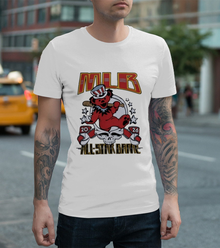 MLB 2026 All Star Game Grateful Dead Bear With Bat Patriotic Hat T-Shirt
