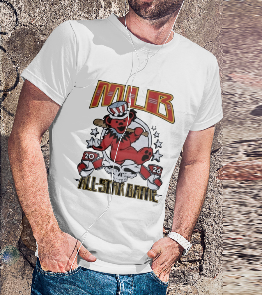 MLB 2026 All Star Game Grateful Dead Bear With Bat Patriotic Hat T-Shirt