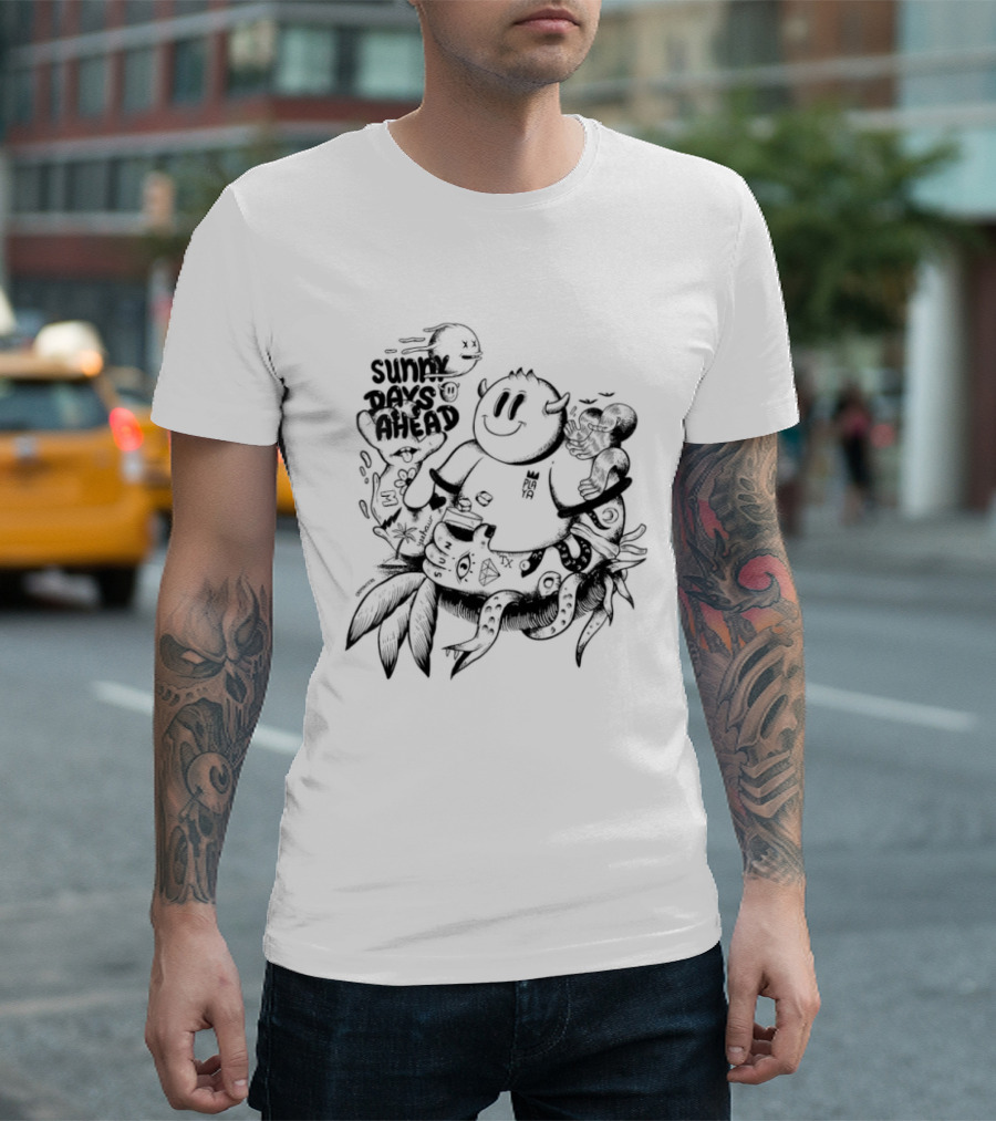 Sunny Days Ahead Monster Doodle Happy Cartoon Character With Flowers T-Shirt